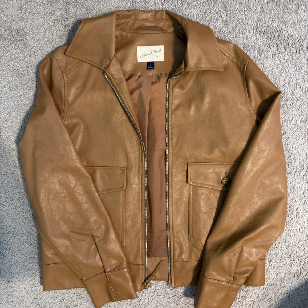 Tan Faux Leather Bomber Jacket